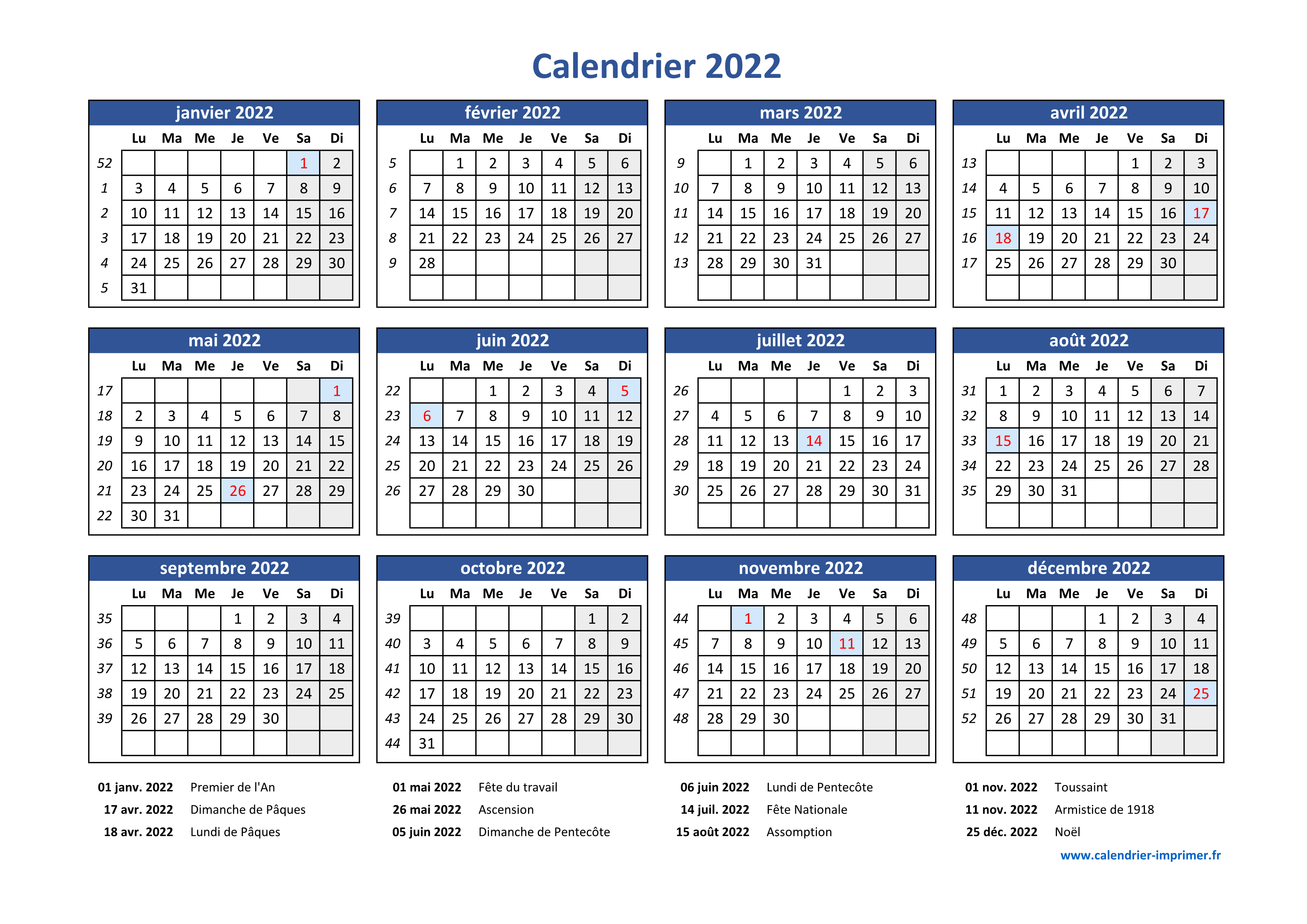 Calendrier 2022 à imprimer PDF et Excel