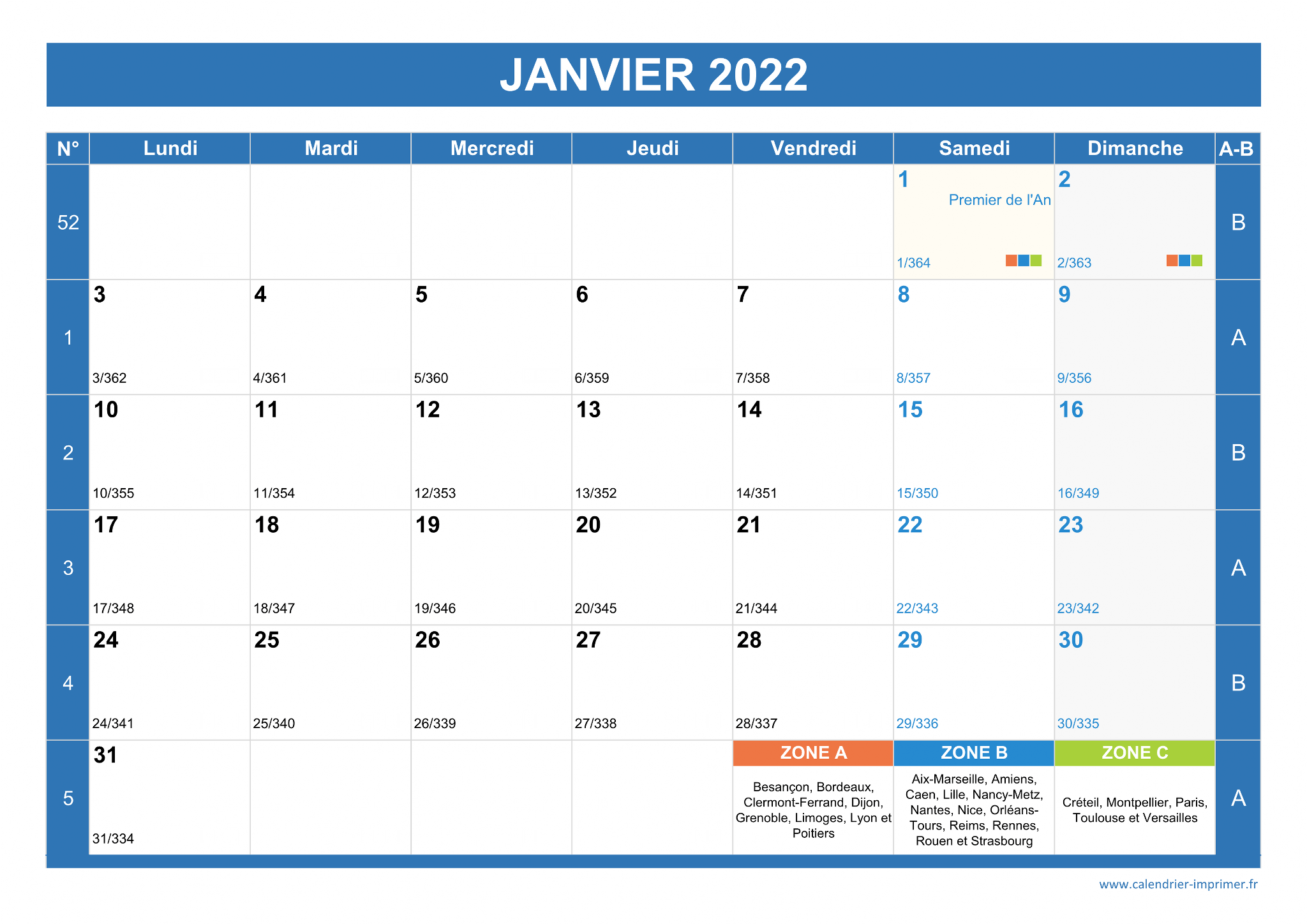 Calendrier hebdomadaire 2022 à imprimer