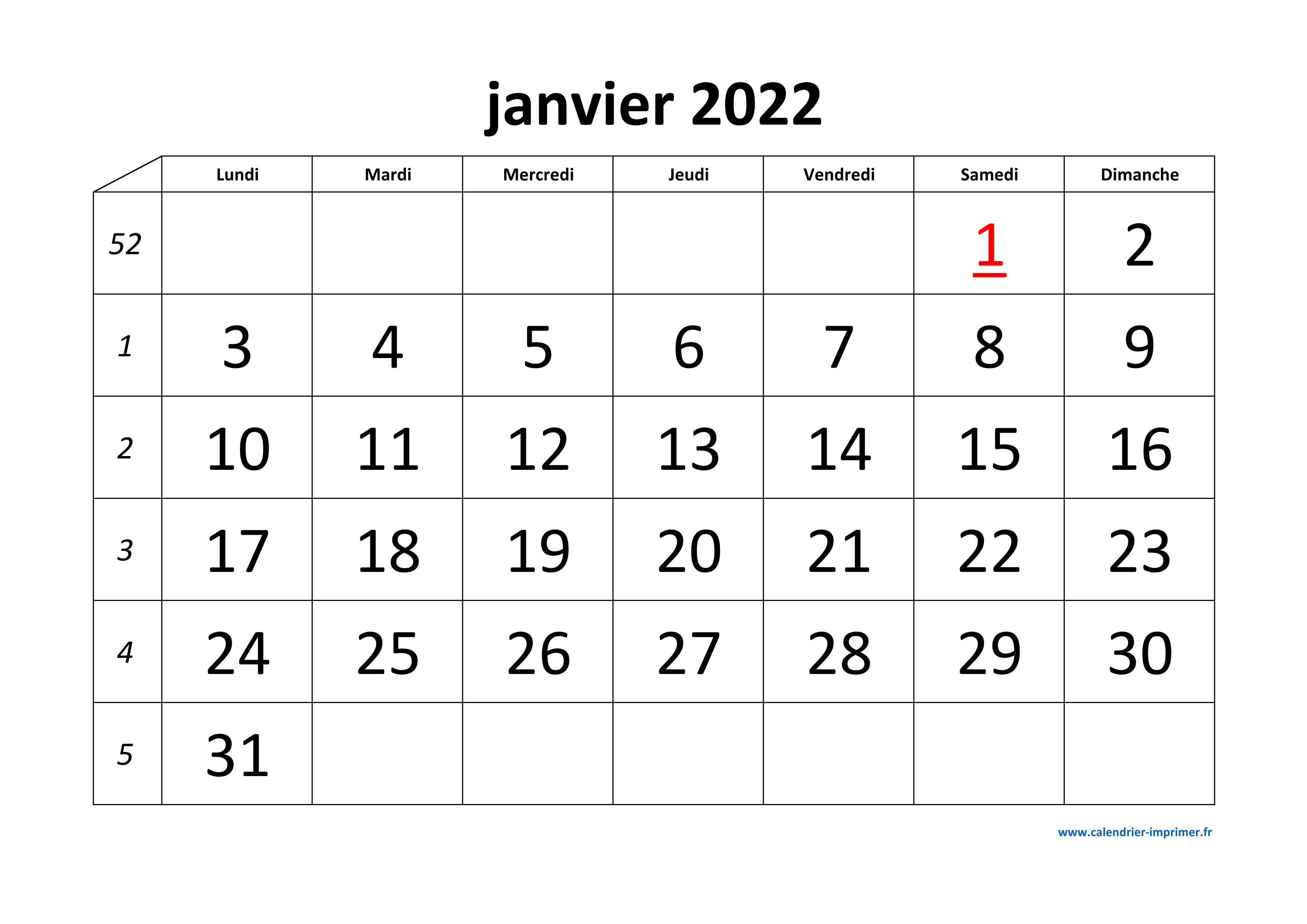 Calendrier mensuel 2022 à imprimer, fond blanc, taille mini