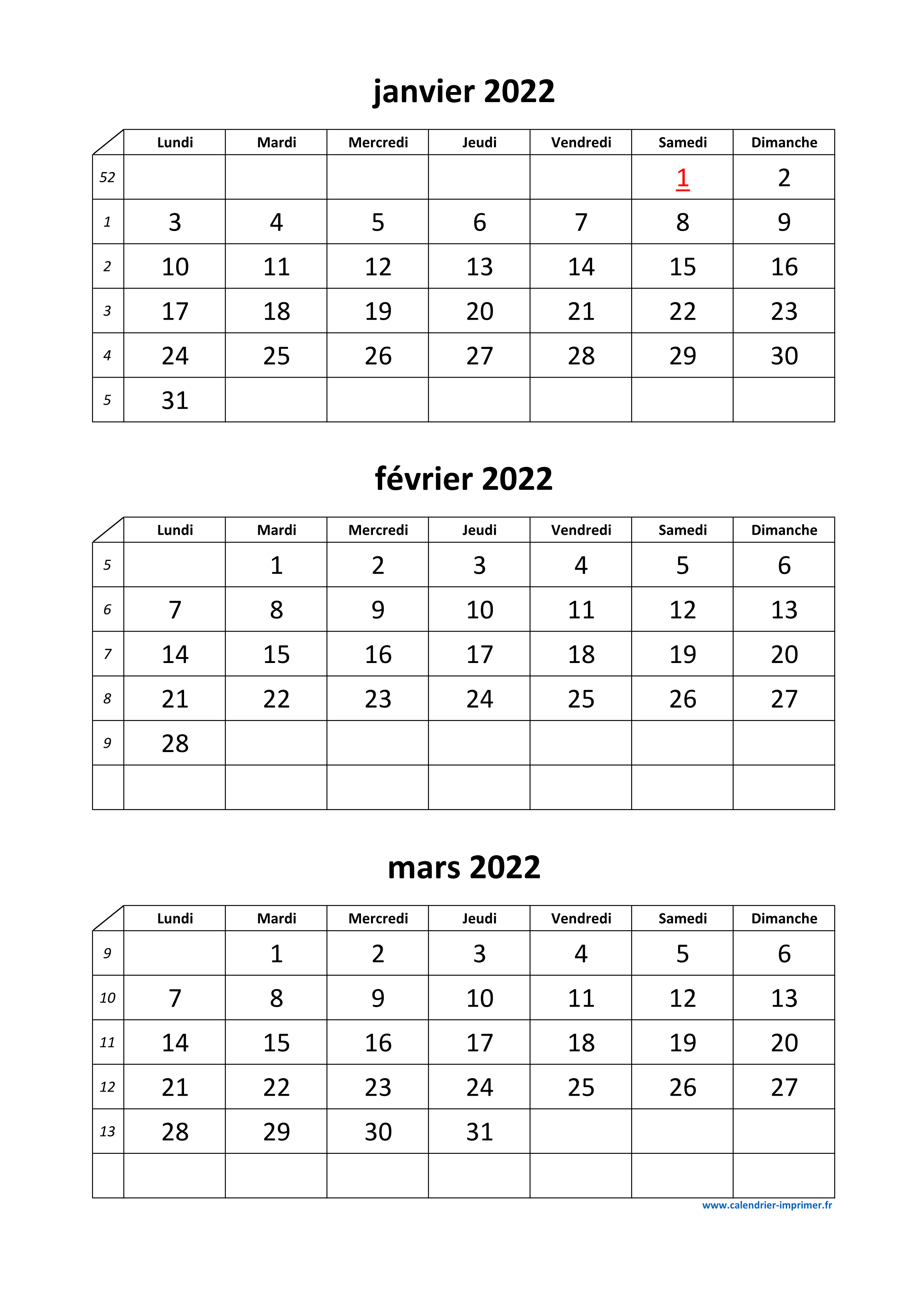 Calendrier mensuel 2022 à imprimer, fond blanc, taille mini