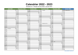 Calendrier Août 2022 à Juillet 2023 Semestre