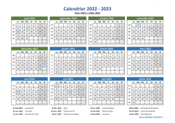 Calendrier Août 2022 à Juillet 2023 Vacances Horizontal