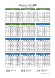 Calendrier Août 2022 à Juillet 2023 Vacances Vertical