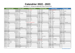 Calendrier Septembre 2022 à Août 2023 Semestre Fêtes