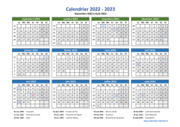 Calendrier Septembre 2022 à Août 2023 Vacances Horizontal
