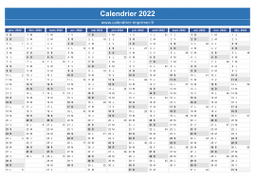 Calendrier 2022 avec numéros de semaine
