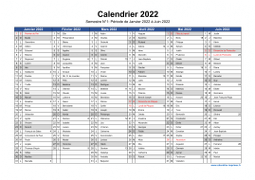 Calendrier 2022 par semestre avec fêtes