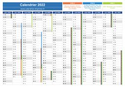 Calendrier 2022 avec vacances scolaires pour les zones A, B, C
