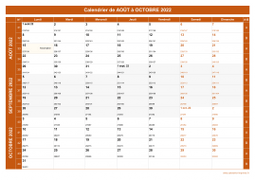 Calendrier pour les mois de Août à Octobre 2022 paysage 1