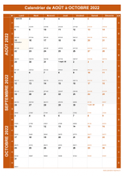 Calendrier pour les mois de Août à Octobre 2022 portrait 1