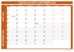 Calendrier pour les mois de Août et Septembre 2022 paysage 1