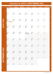 Calendrier pour les mois de Août et Septembre 2022 portrait 1