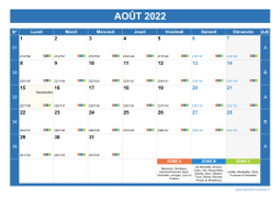 Calendrier aout 2022 paysage avec vacances, jours fériés et numéros de semaine