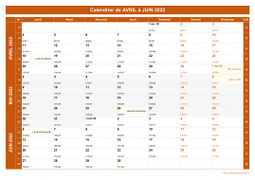 Calendrier pour les mois de Avril à Juin 2022 paysage 1