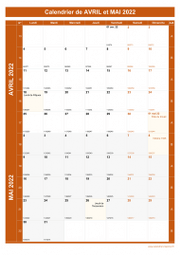 Calendrier pour les mois de Avril et Mai 2022 portrait 1