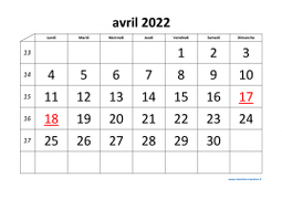 calendrier avril 2022