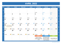 Calendrier avril 2022 paysage avec vacances, jours fériés et numéros de semaine