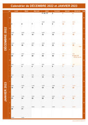 Calendrier pour les mois de Décembre 2022 et Janvier 2023 portrait 1