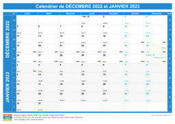 Calendrier scolaire pour Décembre 2022 et Janvier 2023 paysage 1