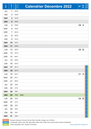 Calendrier decembre 2022 portrait avec vacances, jours fériés et numéros de semaine
