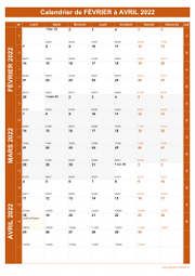 Calendrier pour les mois de Février à Avril 2022 portrait 1