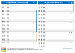 Calendrier scolaire pour Février et Mars 2022 paysage 2