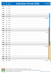 Calendrier fevrier 2022 portrait avec vacances, jours fériés et numéros de semaine
