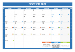 Calendrier fevrier 2022 paysage avec vacances, jours fériés et numéros de semaine