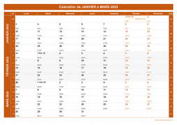 Calendrier pour les mois de Janvier à Mars 2022 paysage 1