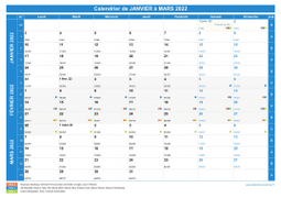 Calendrier scolaire pour Janvier à Mars 2022 paysage 1