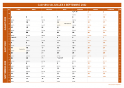 Calendrier pour les mois de Juillet à Septembre 2022 paysage 1
