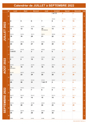 Calendrier pour les mois de Juillet à Septembre 2022 portrait 1