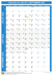 Calendrier scolaire pour Juillet à Septembre 2022 portrait 1