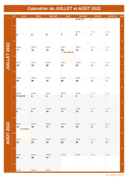 Calendrier pour les mois de Juillet et Août 2022 portrait 1