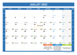 Calendrier juillet 2022 paysage avec vacances, jours fériés et numéros de semaine
