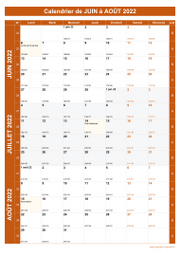 Calendrier pour les mois de Juin à Août 2022 portrait 1