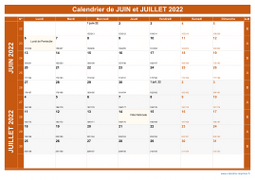 Calendrier pour les mois de Juin et Juillet 2022 paysage 1