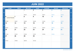 Calendrier juin 2022 paysage avec vacances, jours fériés et numéros de semaine