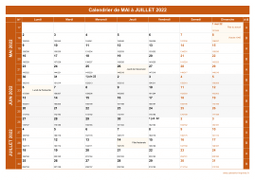 Calendrier pour les mois de Mai à Juillet 2022 paysage 1