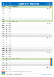 Calendrier mai 2022 portrait avec vacances, jours fériés et numéros de semaine