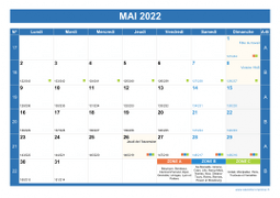 Calendrier mai 2022 paysage avec vacances, jours fériés et numéros de semaine