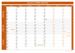 Calendrier pour les mois de Mars à Mai 2022 paysage 1