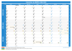 Calendrier scolaire pour Mars à Mai 2022 paysage 1
