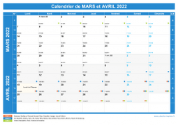 Calendrier scolaire pour Mars et Avril 2022 paysage 1