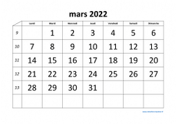 calendrier mars 2022