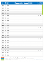 Calendrier mars 2022 portrait avec vacances, jours fériés et numéros de semaine