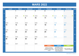Calendrier mars 2022 paysage avec vacances, jours fériés et numéros de semaine