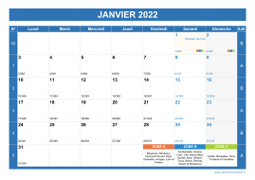 Calendrier mensuel 2022 paysage avec vacances, jours fériés, phase de la lune et numéros de semaine