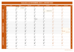Calendrier pour les mois de Novembre 2022 à Janvier 2023 paysage 1