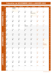 Calendrier pour les mois de Novembre 2022 à Janvier 2023 portrait 1
